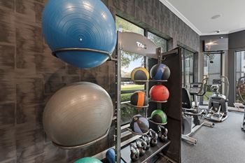 A gym with a variety of exercise balls and equipment. at The Ambrose, Houston